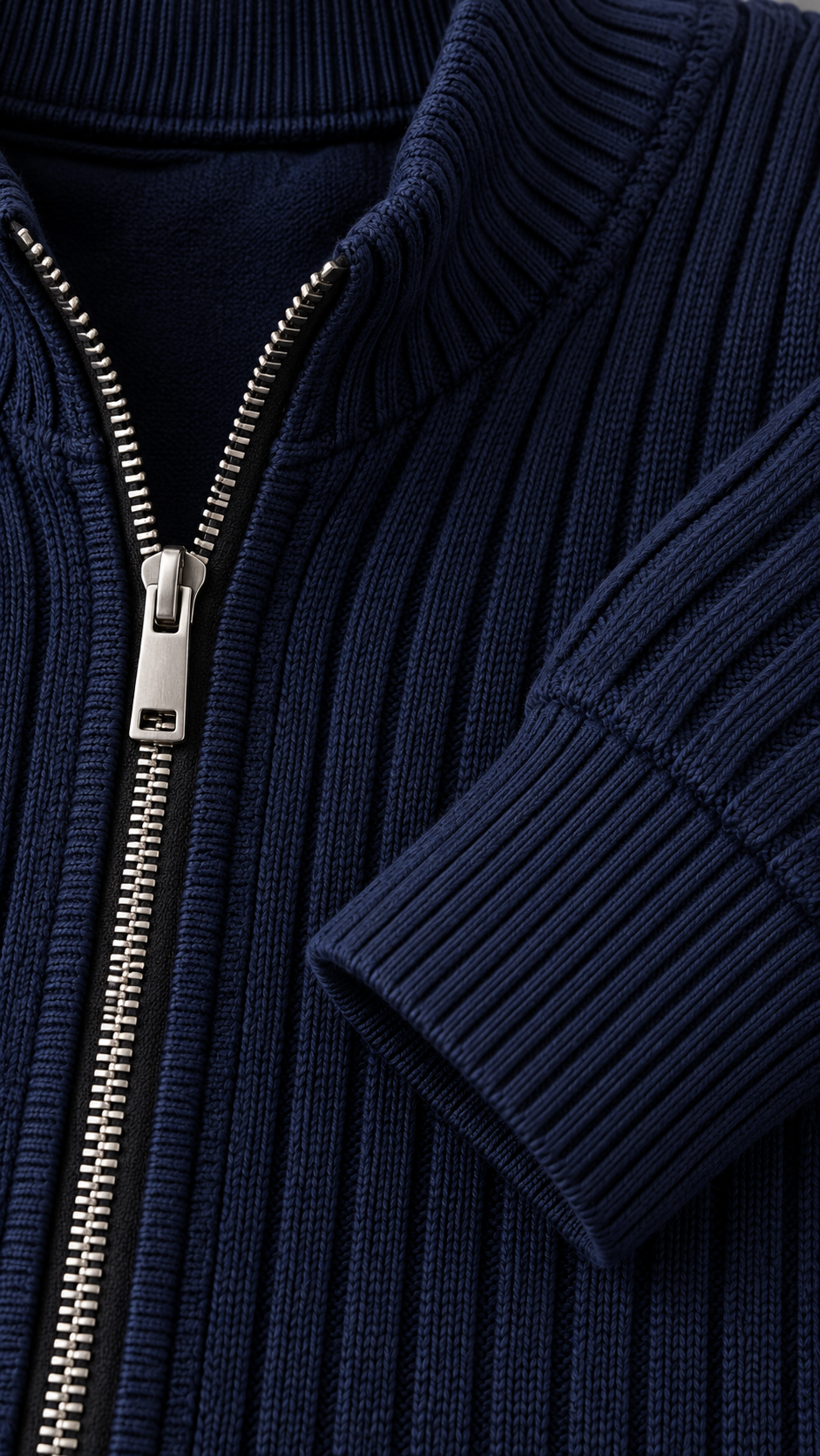 Cardigan zippé homme en maille côtelée, col montant moderne