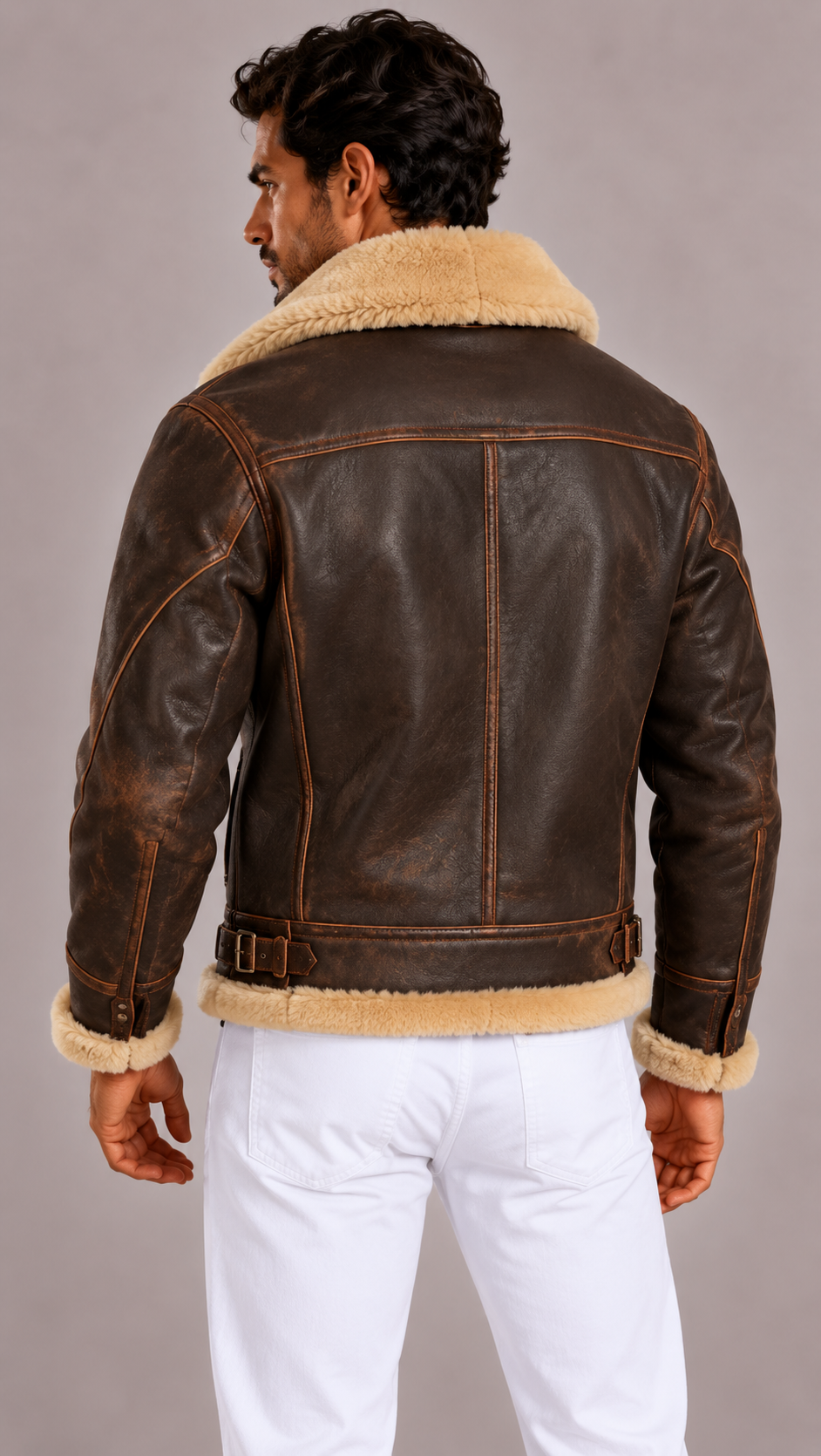Veste aviateur homme en cuir, col en fourrure moelleuse