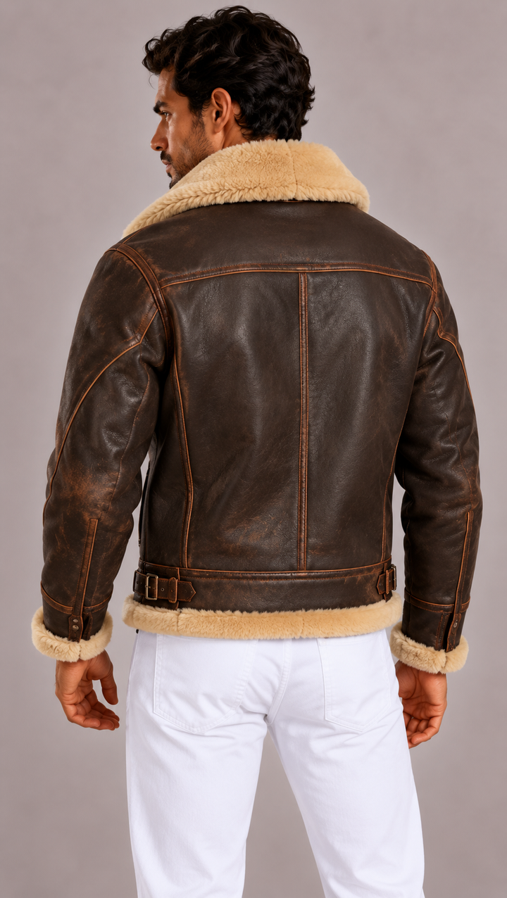 Veste aviateur homme en cuir, col en fourrure moelleuse