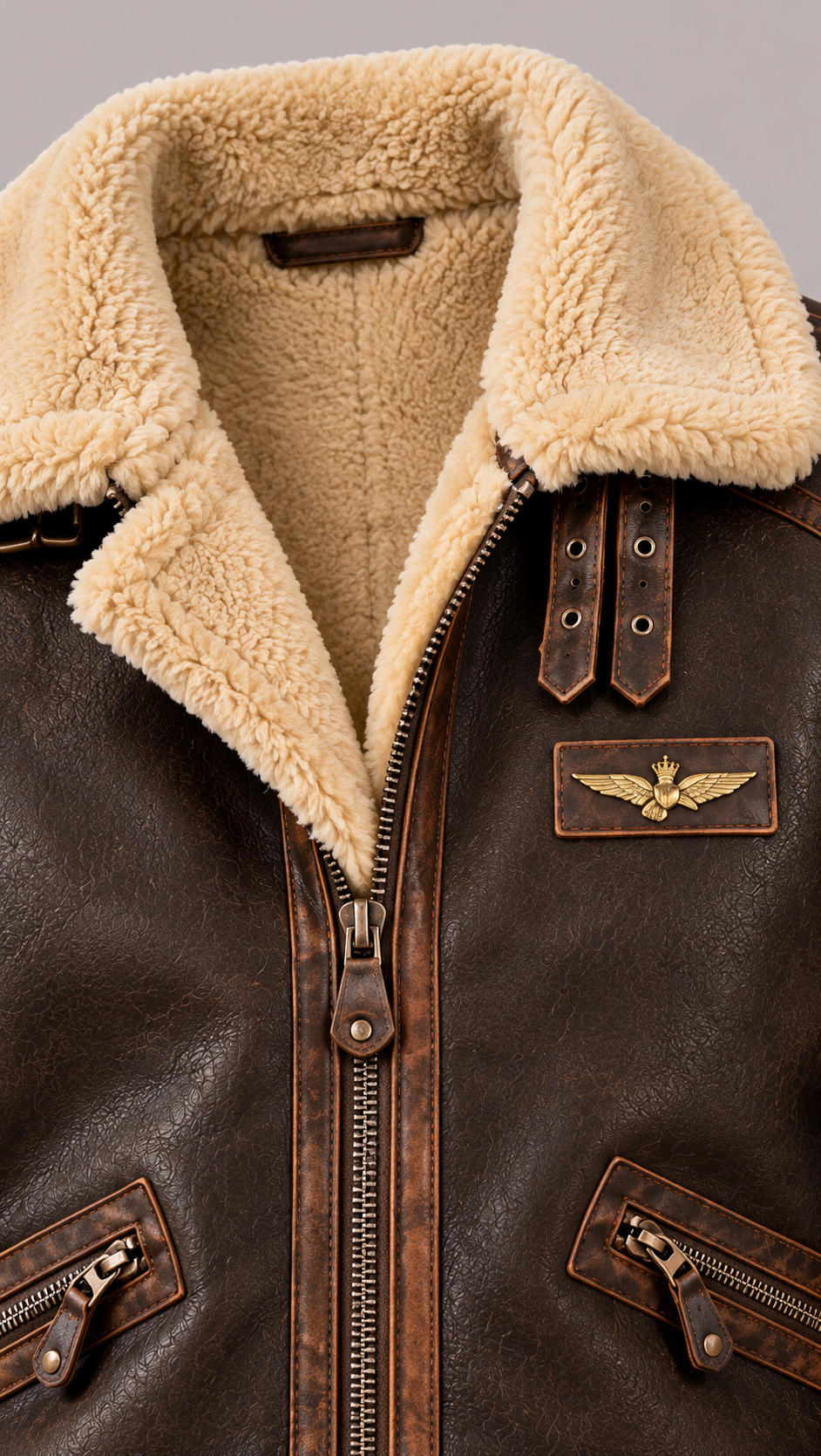 Veste aviateur homme en cuir, col en fourrure moelleuse