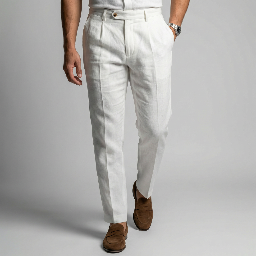 Pantalon homme en lin pur à pinces – coupe italienne fuselée