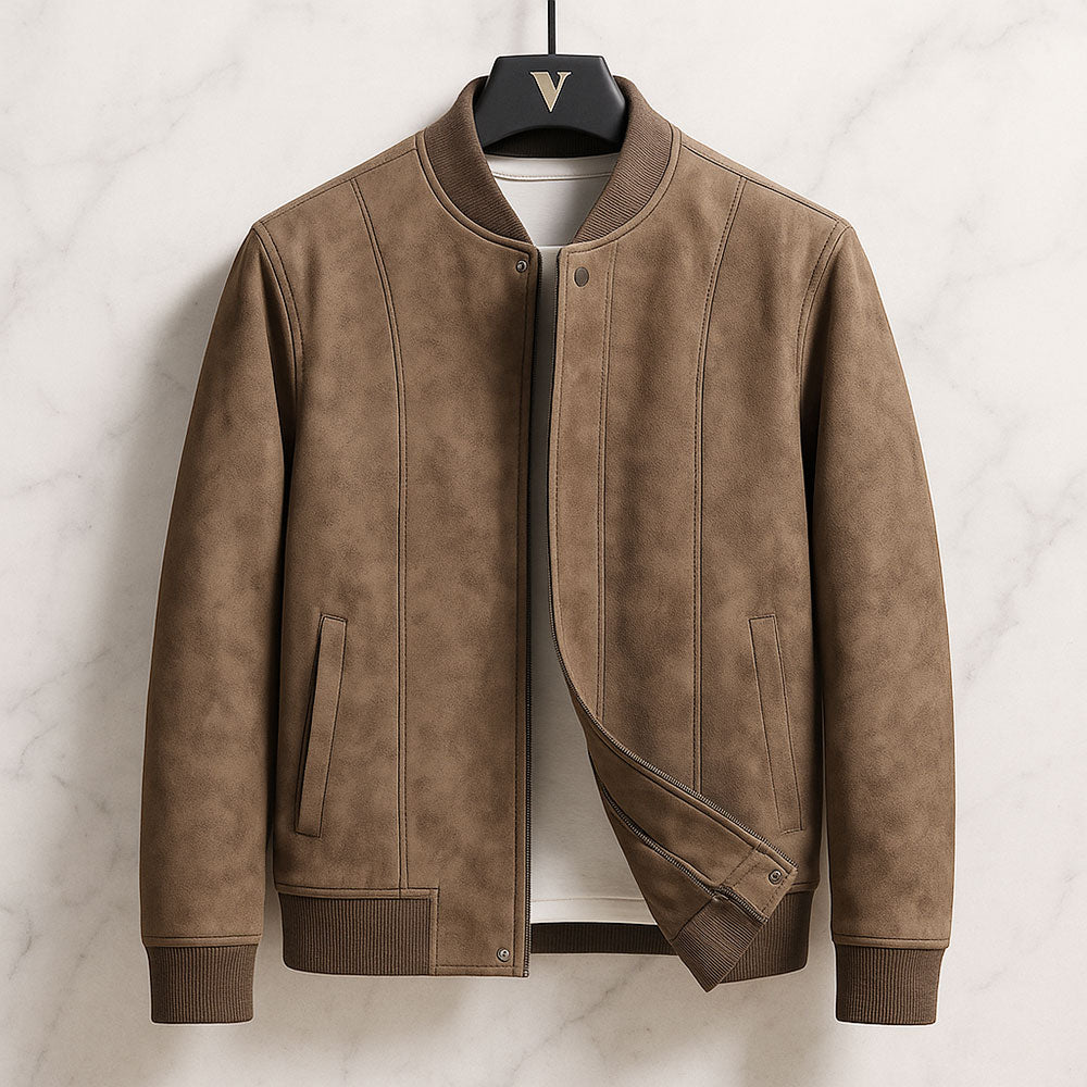 Bomber homme en suédine végane – col côtelé et coupe ajustée
