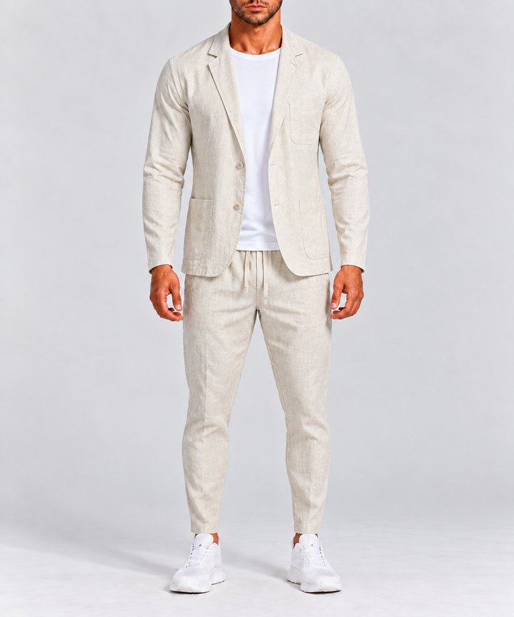 Costume d'été homme en lin, veste deux boutons, coupe décontractée