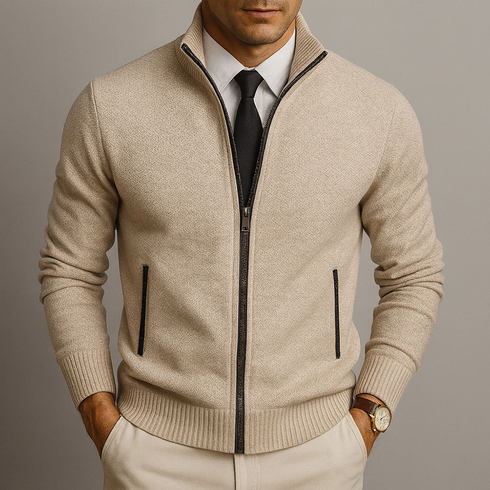 Cardigan zippé homme en laine mérinos et coton – finition soignée