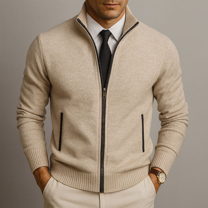 Cardigan zippé homme en laine mérinos et coton – finition soignée