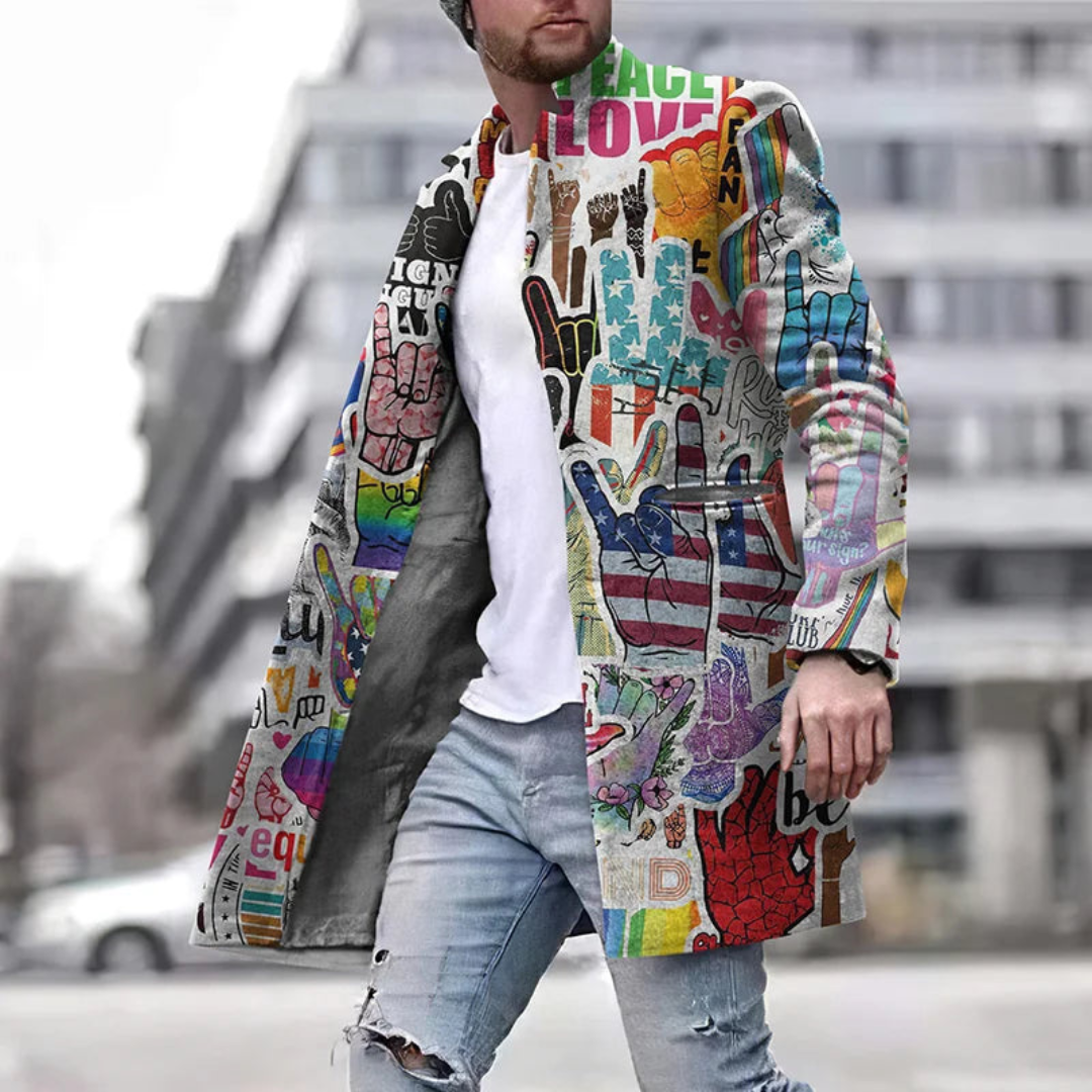 Manteau long homme à motif graphique – style affirmé