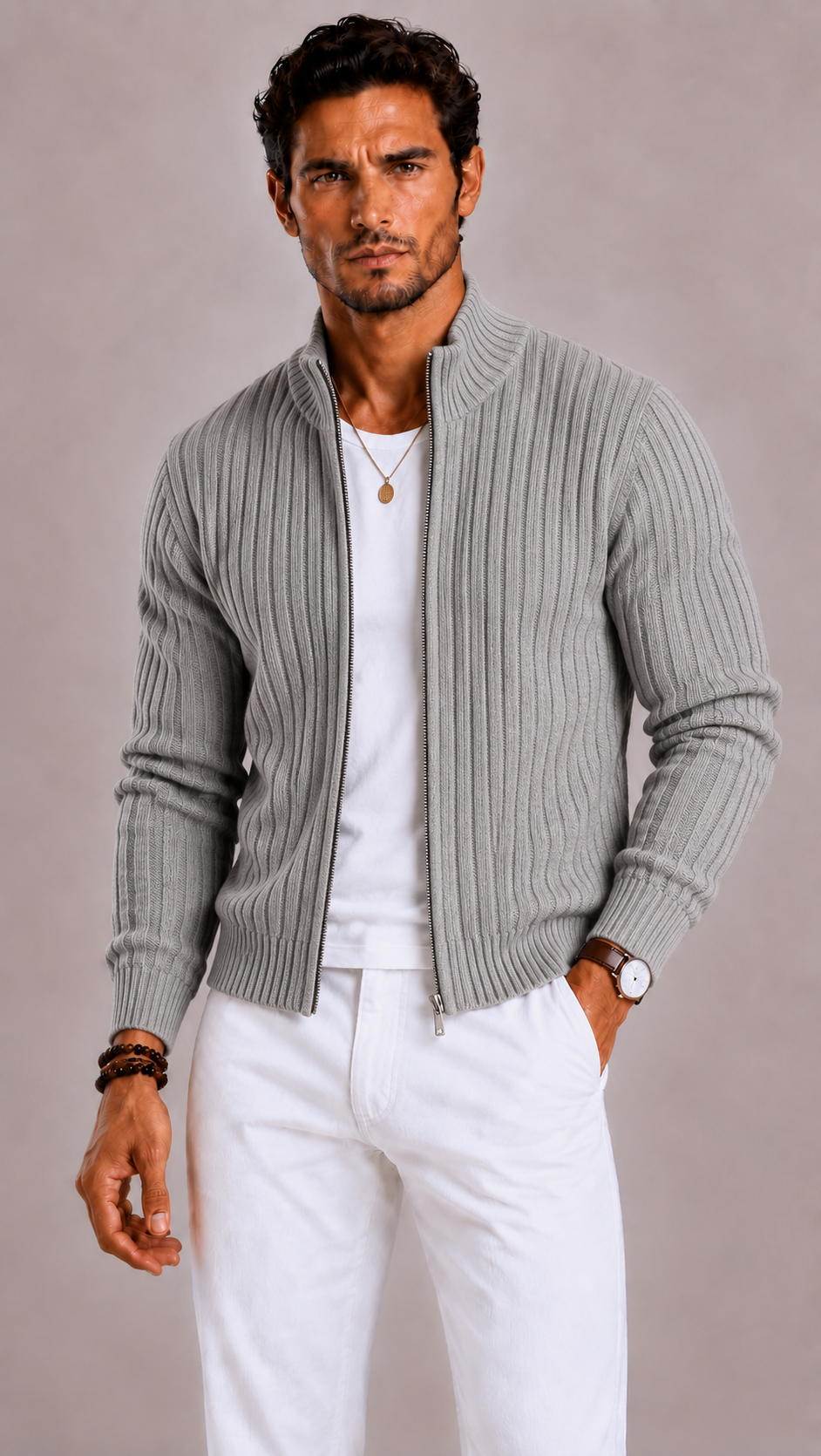 Cardigan zippé homme en maille côtelée, col montant moderne