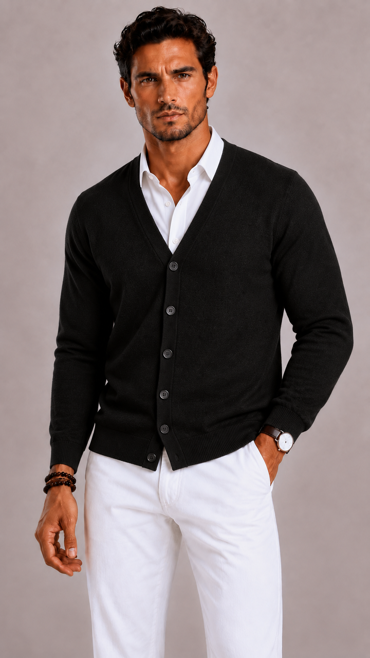 Cardigan homme col V en laine mérinos, maille classique