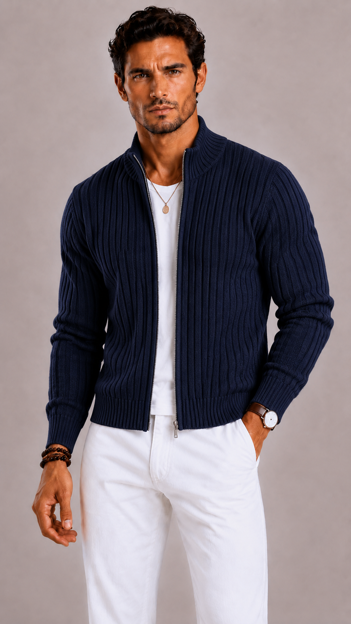Cardigan zippé homme en maille côtelée, col montant moderne