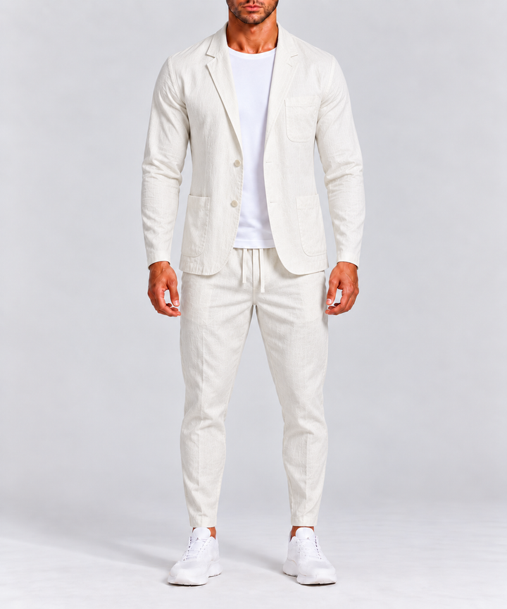 Costume d'été homme en lin, veste deux boutons, coupe décontractée
