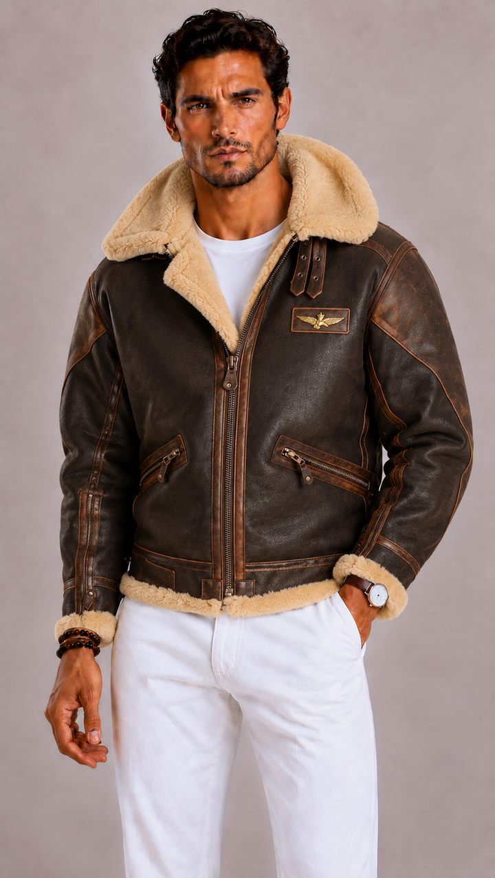 Veste aviateur homme en cuir, col en fourrure moelleuse