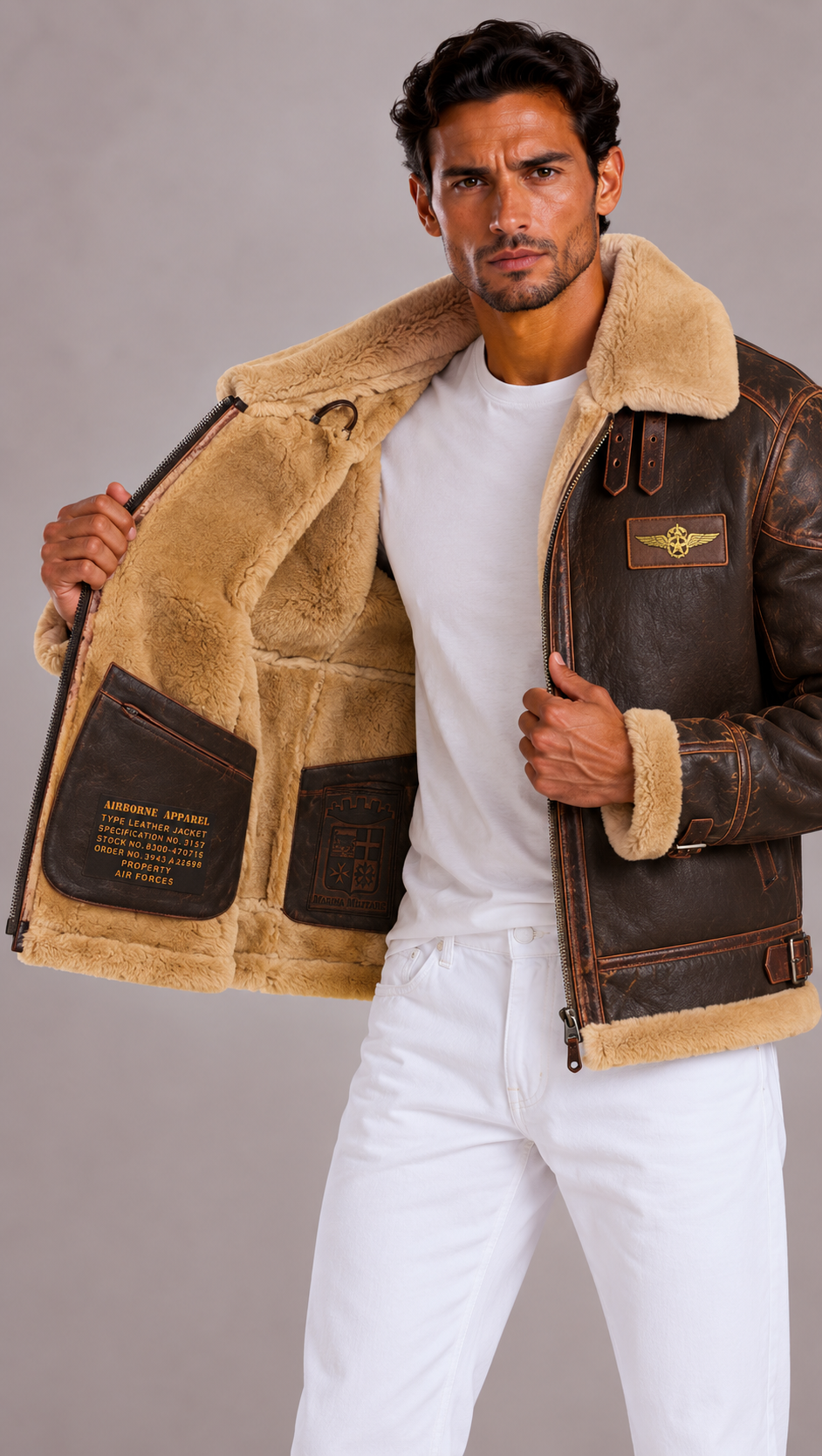 Veste aviateur homme en cuir, col en fourrure moelleuse