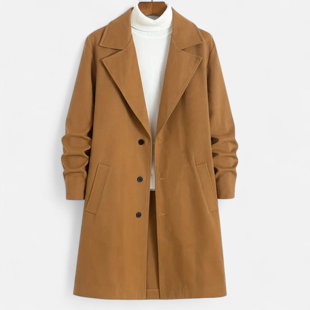 Manteau long homme uni – revers crantés, coupe droite