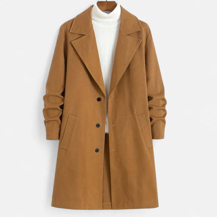 Manteau long homme uni – revers crantés, coupe droite