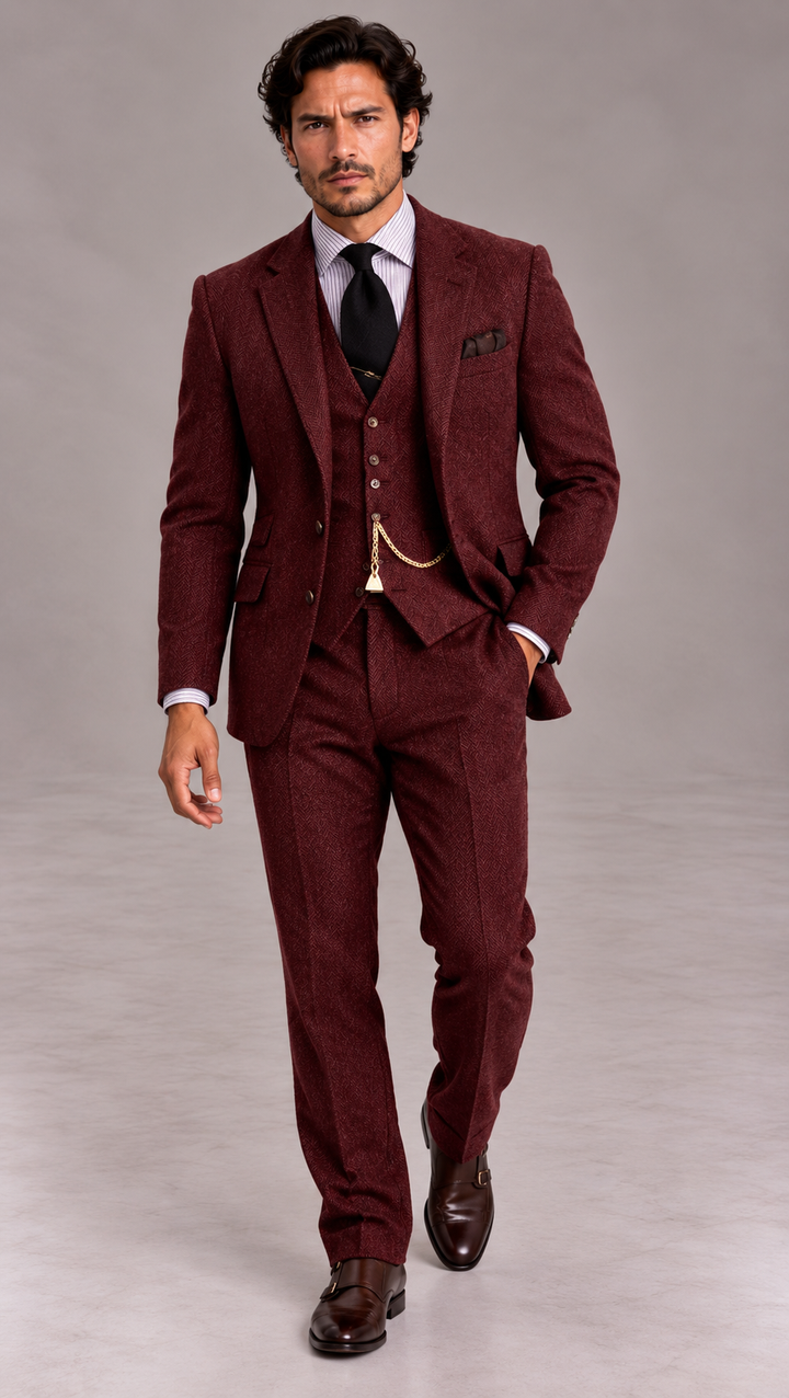 Costume trois pièces homme en tweed, chaîne de montre à gousset