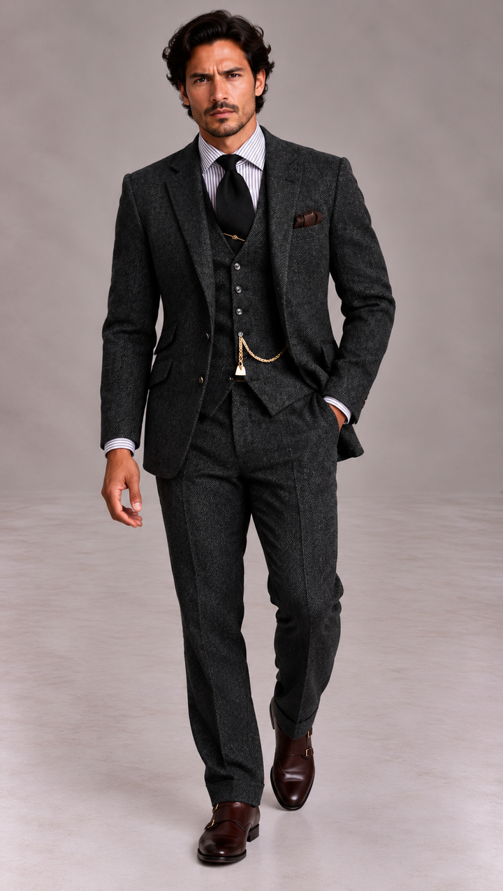 Costume trois pièces homme en tweed, chaîne de montre à gousset