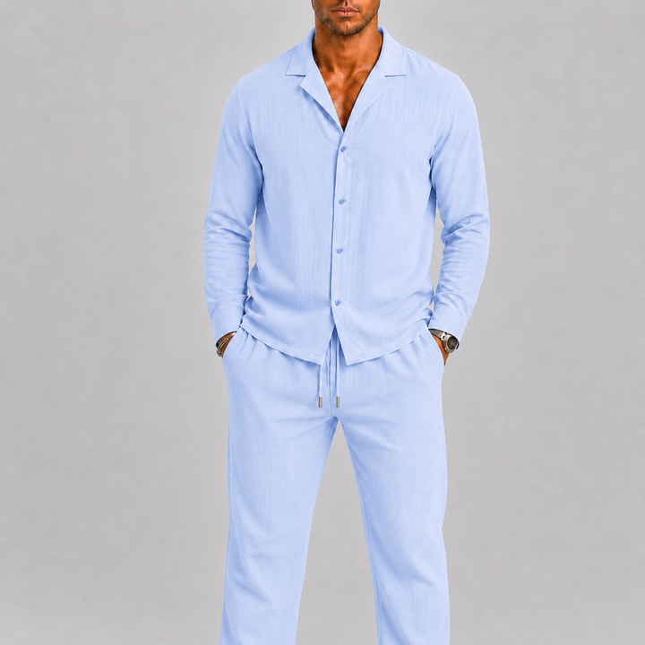Ensemble homme en lin – chemise col cubain et pantalon assortis