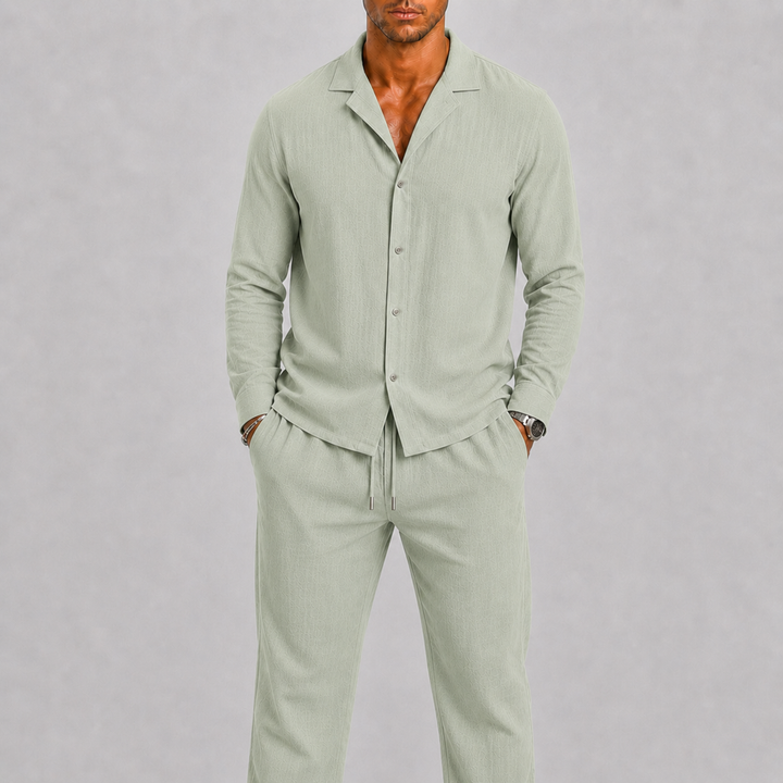 Ensemble homme en lin – chemise col cubain et pantalon assortis