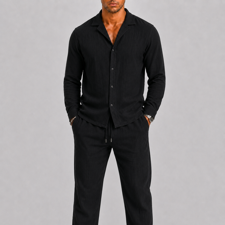 Ensemble homme en lin – chemise col cubain et pantalon assortis