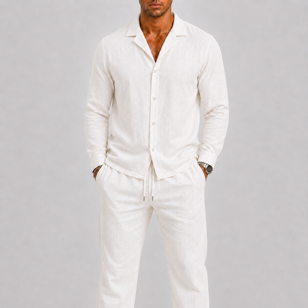 Ensemble homme en lin – chemise col cubain et pantalon assortis