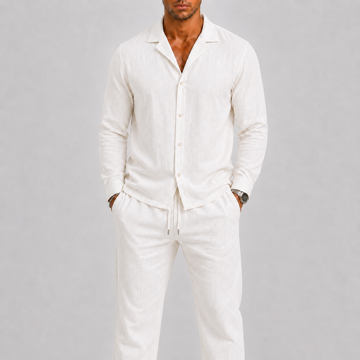 Ensemble homme en lin – chemise col cubain et pantalon assortis