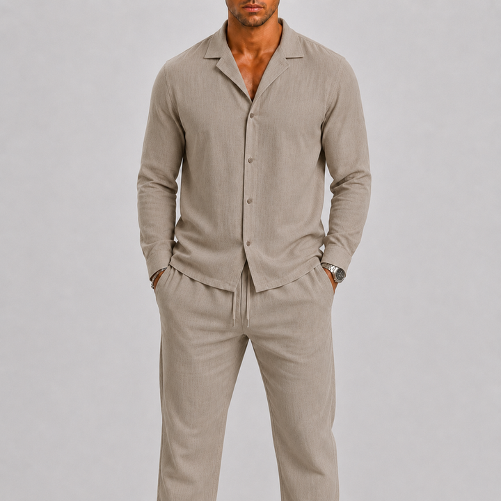 Ensemble homme en lin – chemise col cubain et pantalon assortis