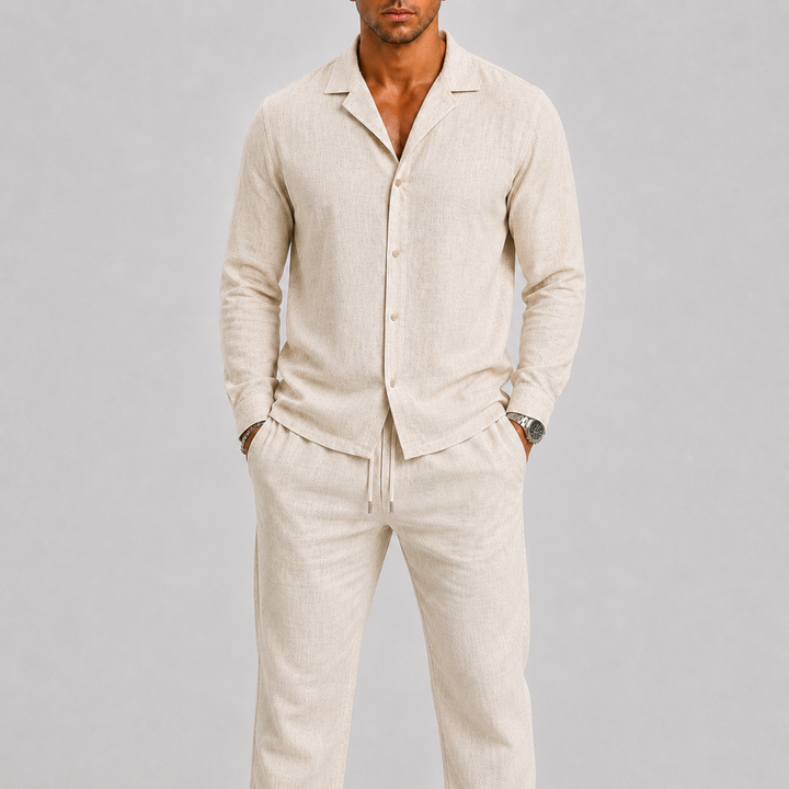 Ensemble homme en lin – chemise col cubain et pantalon assortis