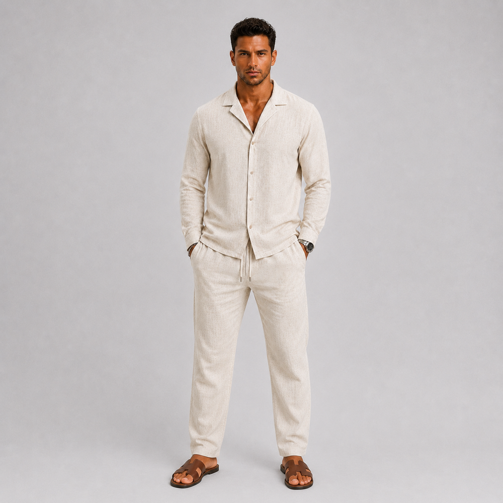 Ensemble homme en lin – chemise col cubain et pantalon assortis