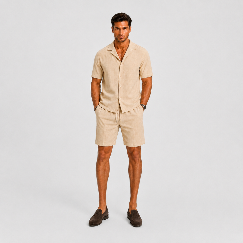 Ensemble en lin homme – chemise col cubain et short décontracté