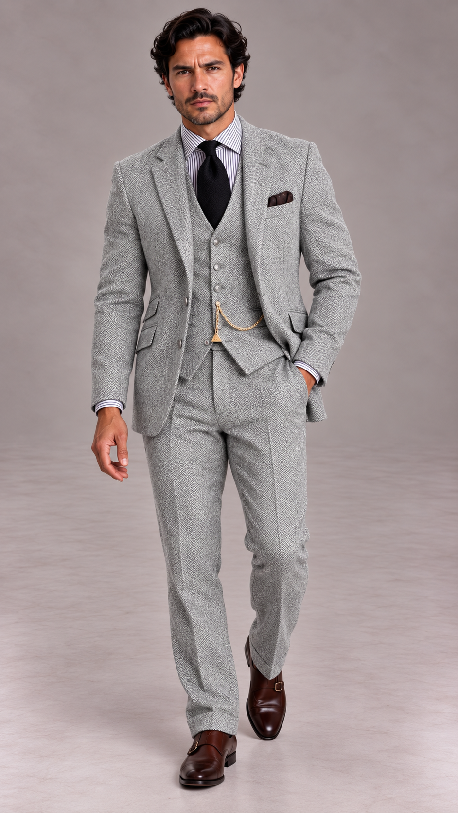 Costume trois pièces homme en tweed, chaîne de montre à gousset