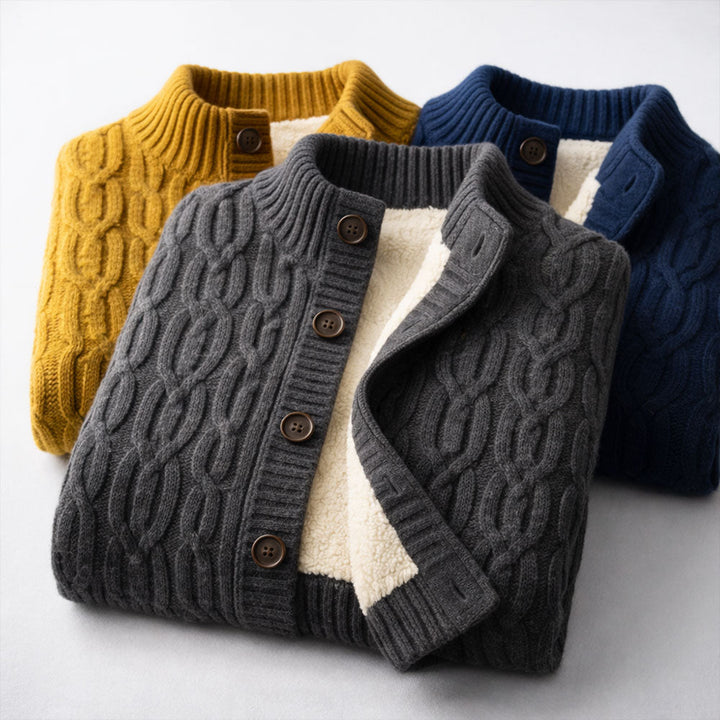 Cardigan homme en maille torsadée doublé sherpa – chaleur réelle