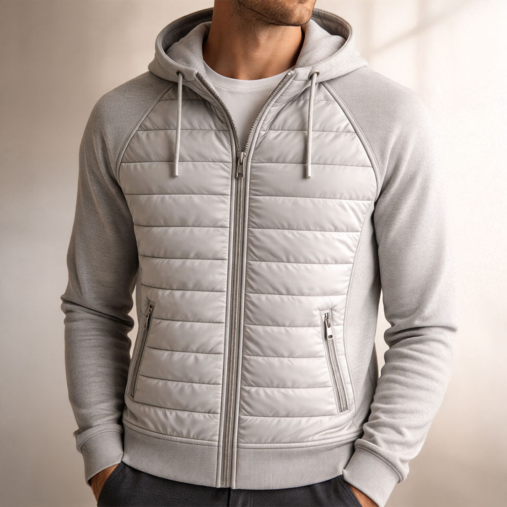 Hoodie zippé homme à panneau matelassé – chaleur ciblée