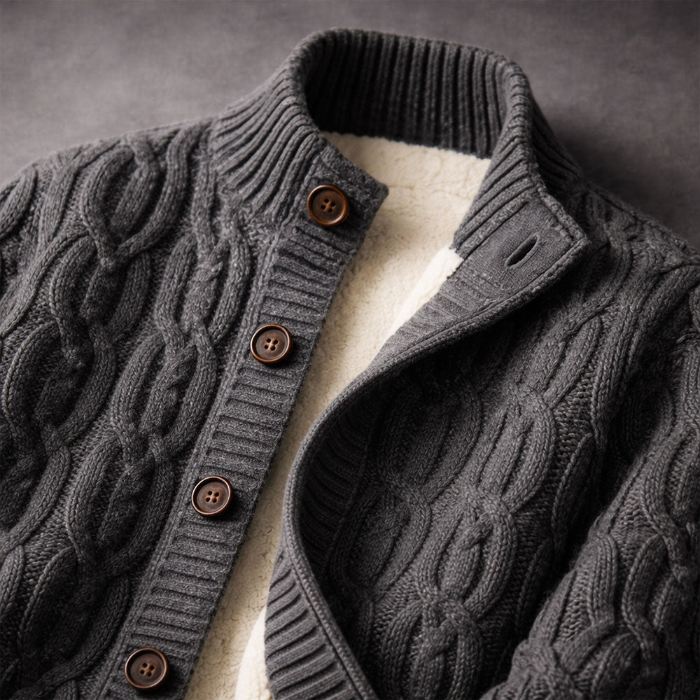 Cardigan homme en maille torsadée doublé sherpa – chaleur réelle
