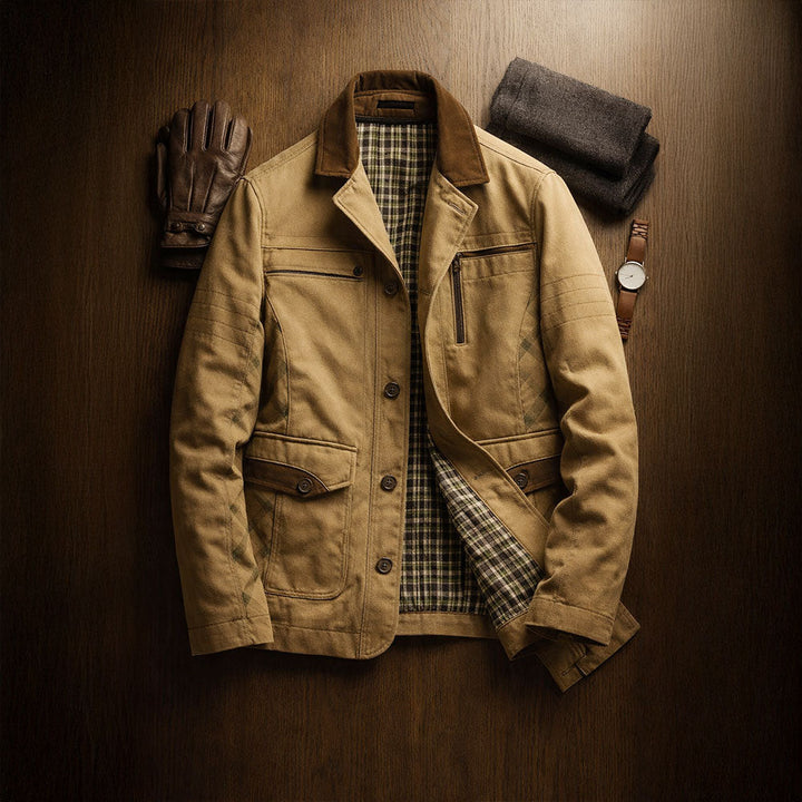 Veste field homme en twill de coton – col suédé, doublure carreaux