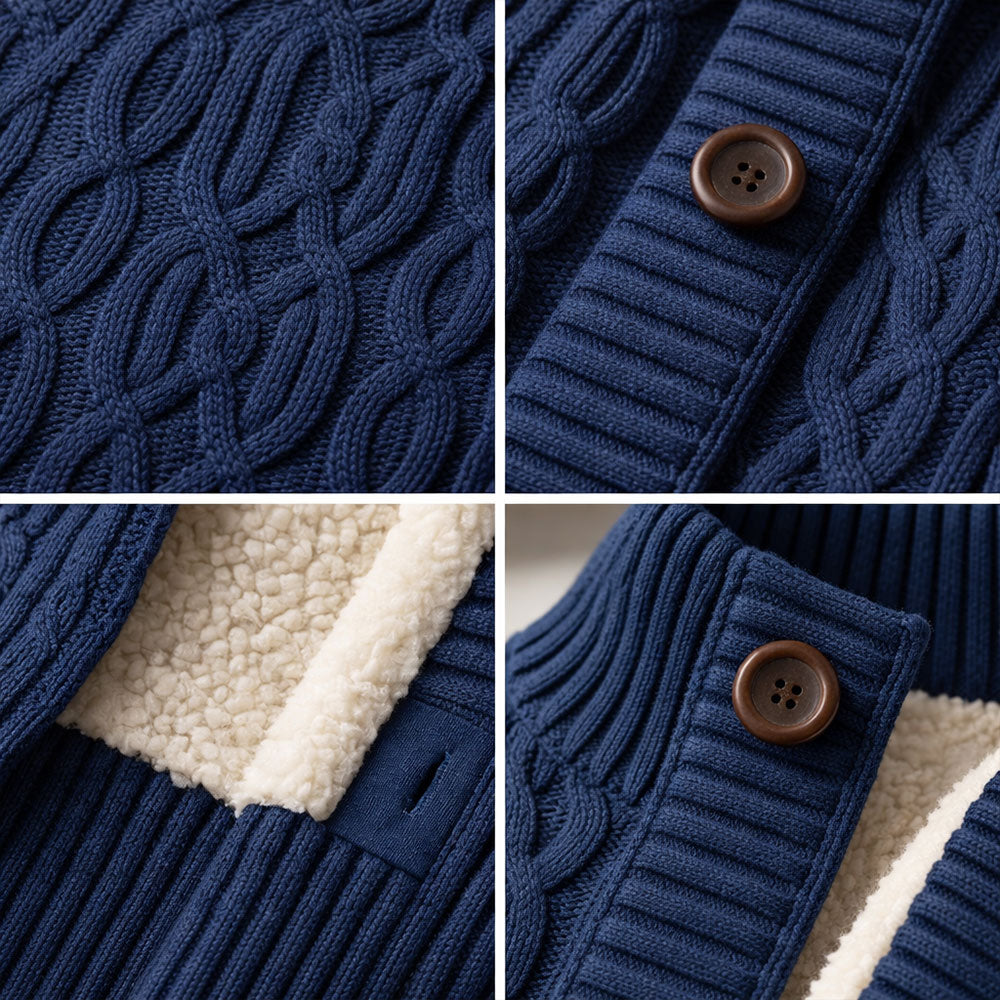 Cardigan homme en maille torsadée doublé sherpa – chaleur réelle