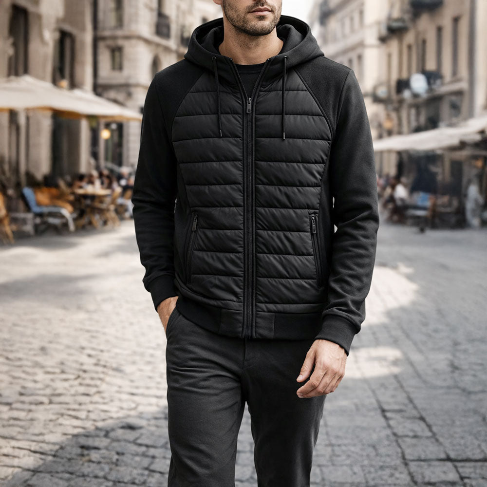 Hoodie zippé homme à panneau matelassé – chaleur ciblée