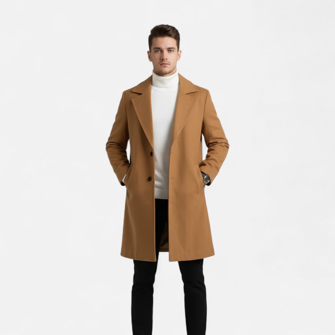 Manteau long homme uni – revers crantés, coupe droite