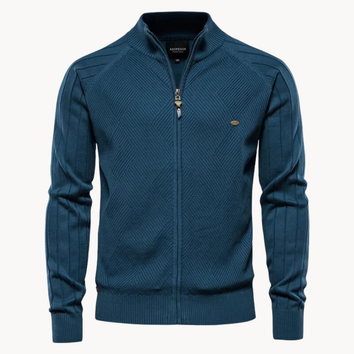 Cardigan zippé en maille fine – col montant élégant