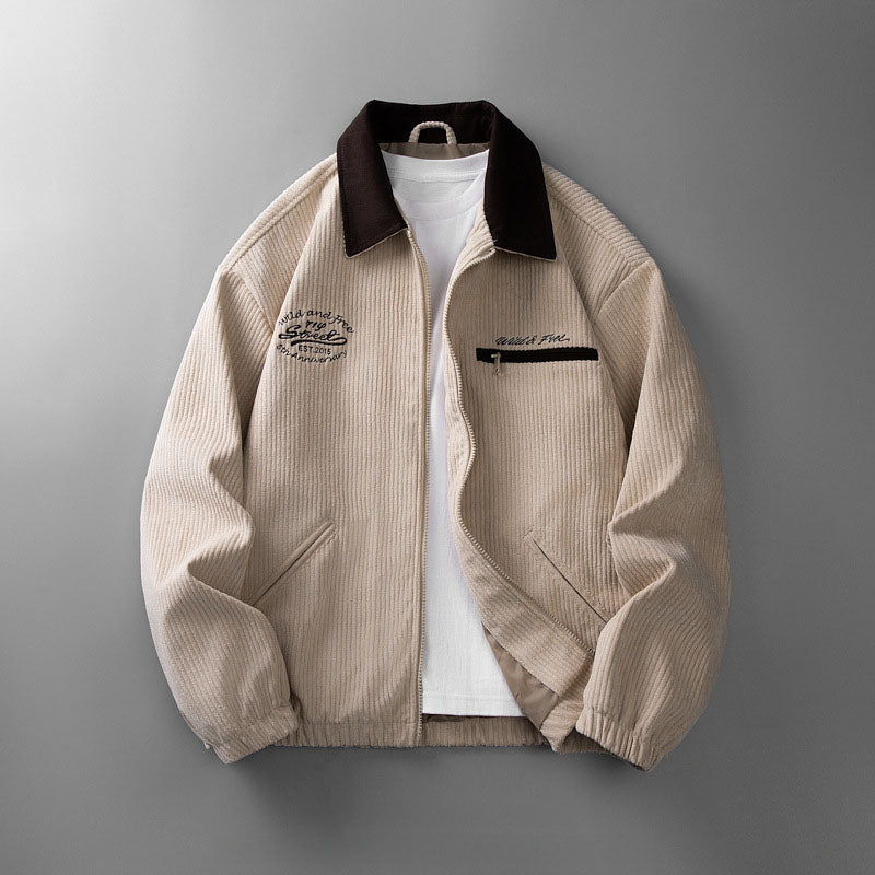 Veste homme en tissu côtelé à col montant – zip intégral
