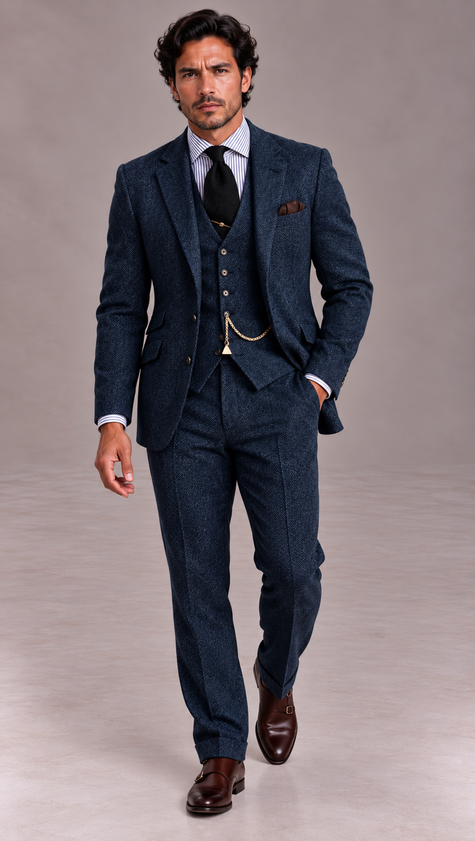 Costume trois pièces homme en tweed, chaîne de montre à gousset