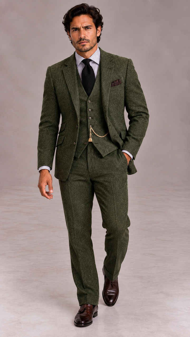 Costume trois pièces homme en tweed, chaîne de montre à gousset