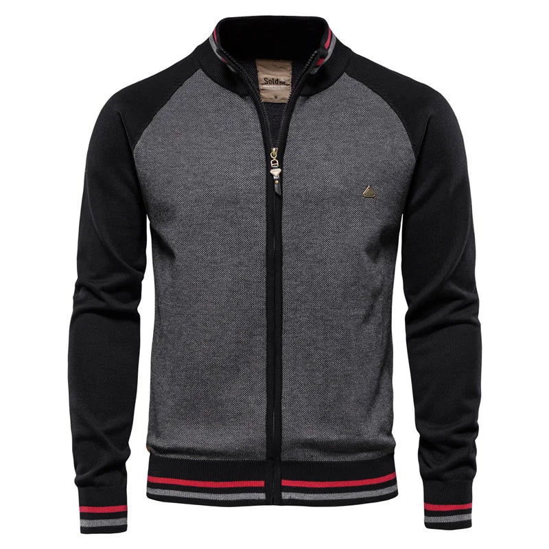 Cardigan zippé homme bicolore – col montant et bords côtelés