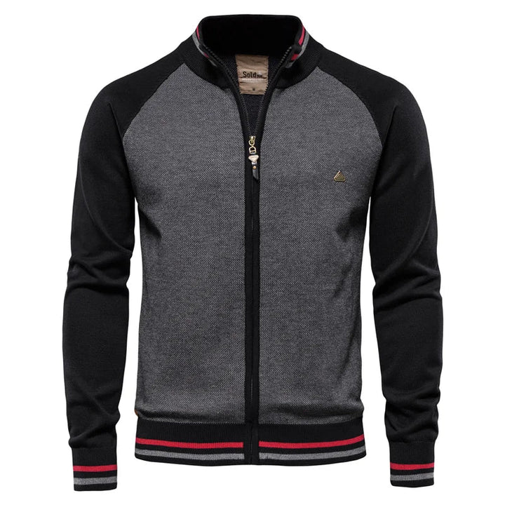 Cardigan zippé homme bicolore – col montant et bords côtelés