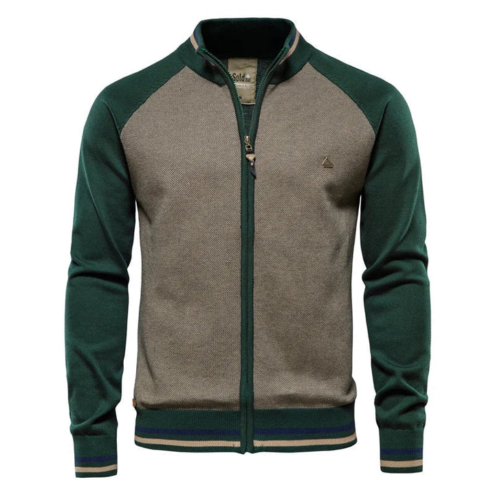 Cardigan zippé homme bicolore – col montant et bords côtelés