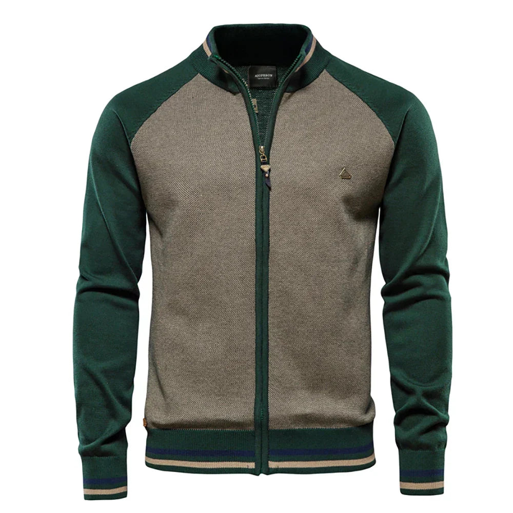 Cardigan zippé homme bicolore – col montant et bords côtelés