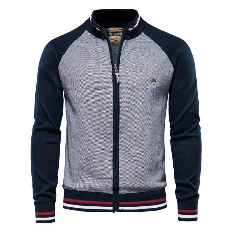 Cardigan zippé homme bicolore – col montant et bords côtelés