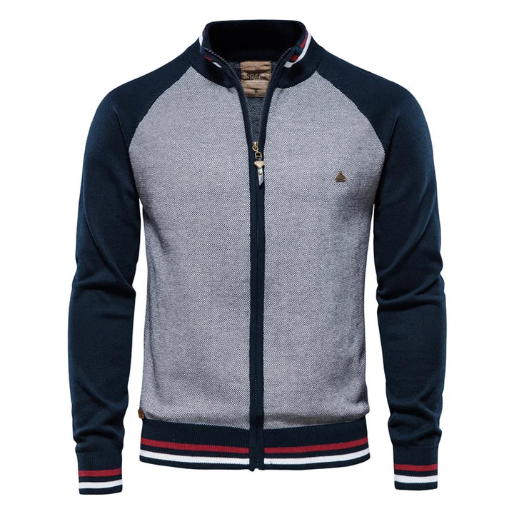 Cardigan zippé homme bicolore – col montant et bords côtelés