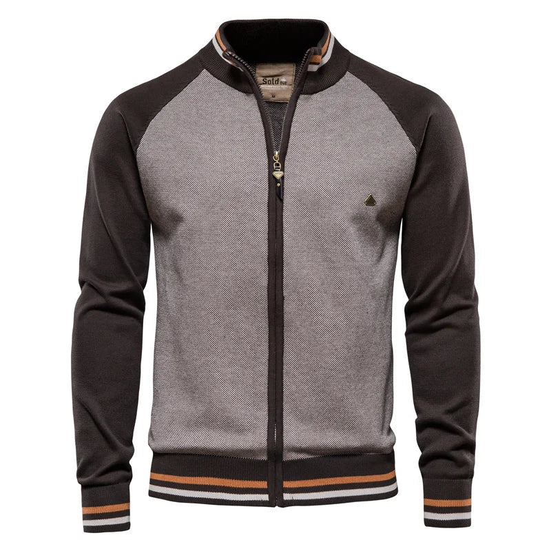 Cardigan zippé homme bicolore – col montant et bords côtelés