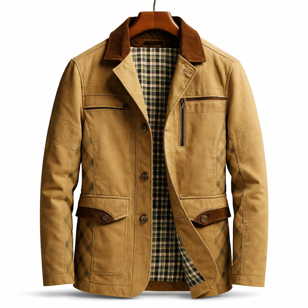 Veste field homme en twill de coton – col suédé, doublure carreaux