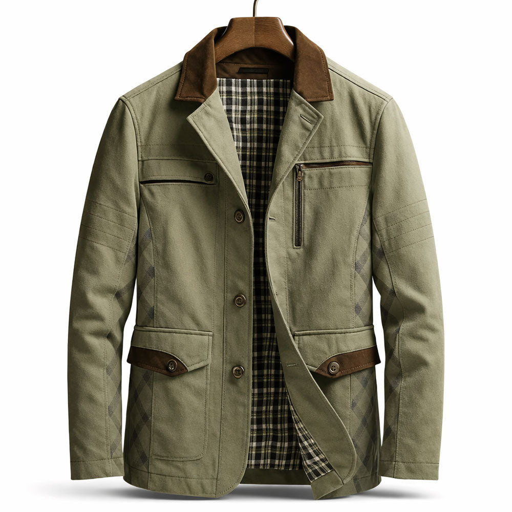 Veste field homme en twill de coton – col suédé, doublure carreaux